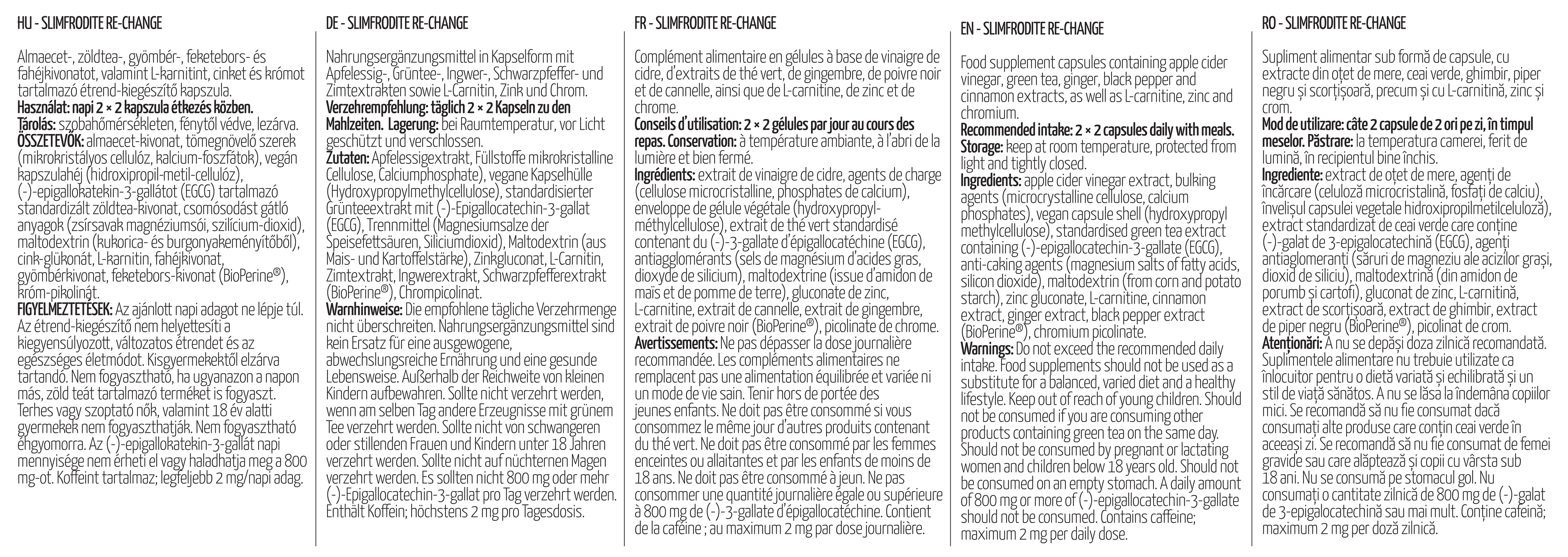 SlimFrodite Re-Change · Belső címke · összetevők és használat