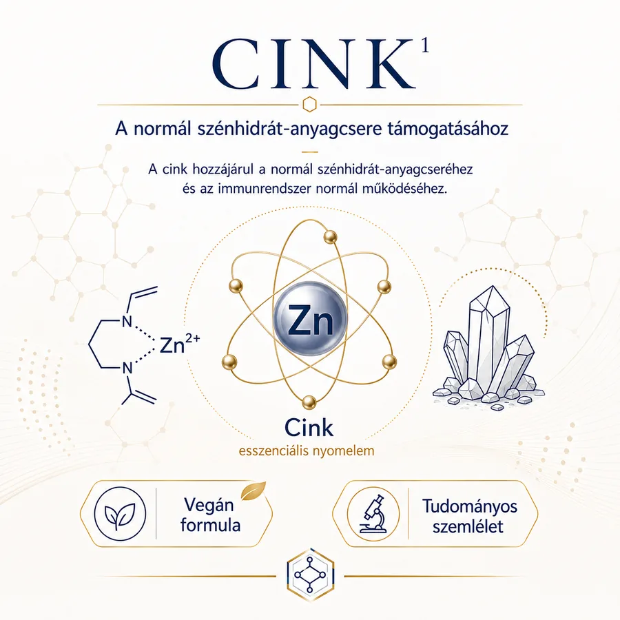 Cink infografika: esszenciális nyomelem. A cink hozzájárul a normál szénhidrát-anyagcseréhez és az immunrendszer normál működéséhez.