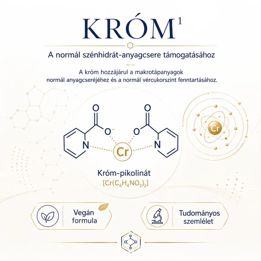 Króm infografika: króm-pikolinát molekula. A króm hozzájárul a makrotápanyagok normál anyagcseréjéhez és a normál vércukorszint fenntartásához.